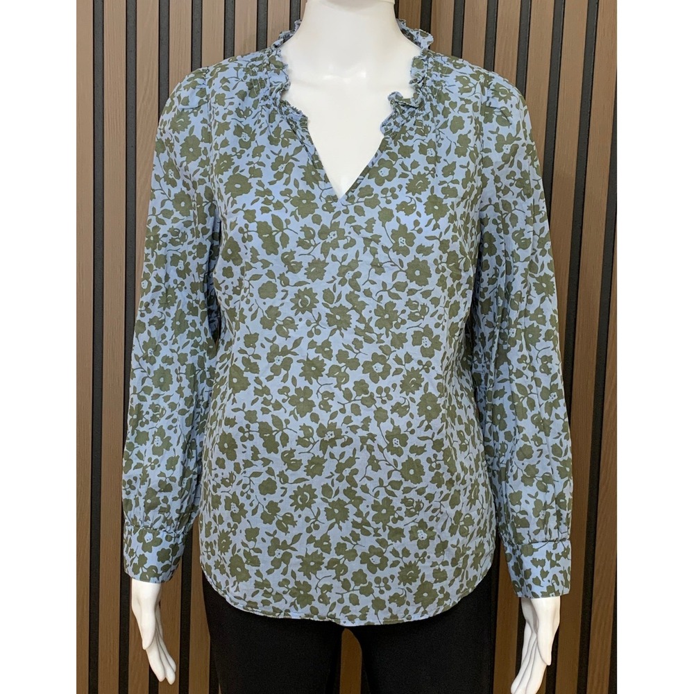 Talbots Women's Petite Blue Olive Floral Cotton Ruffle V-Neck Blouse Top MP